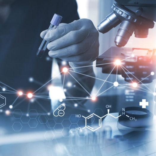Medical technology, innovation health and medical research, healthcare and medicine concept. Doctor or technician working with AI data analysis, lab experiment, data science